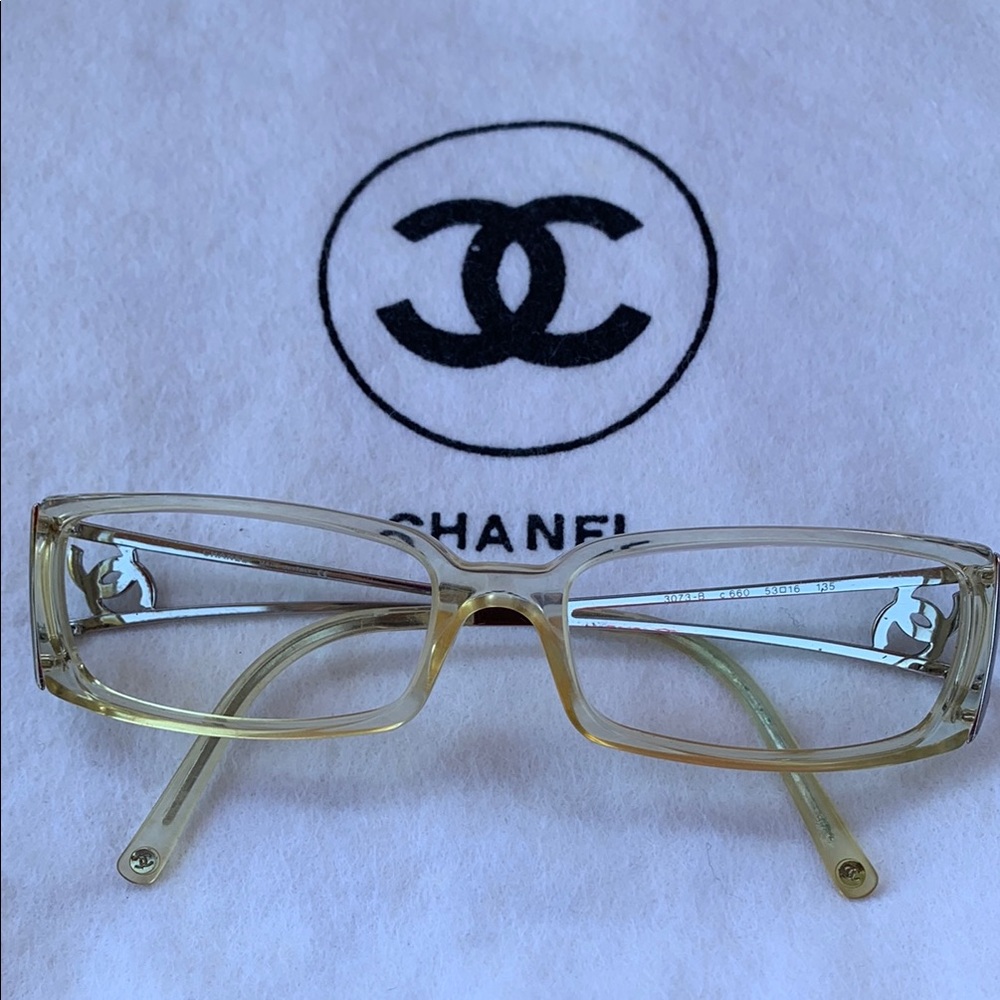 CHANEL Transparent Yellow Eyeglasses with Metal Arms Women's